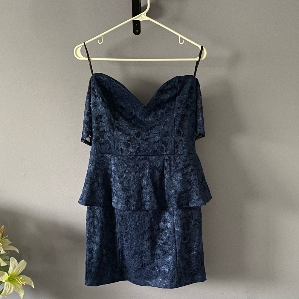 ASOS off the shoulder blue lace peplum dress